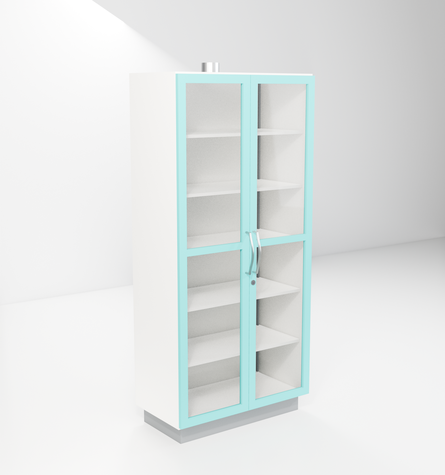 Chemical Storage Cupboards with teal trim — studio render