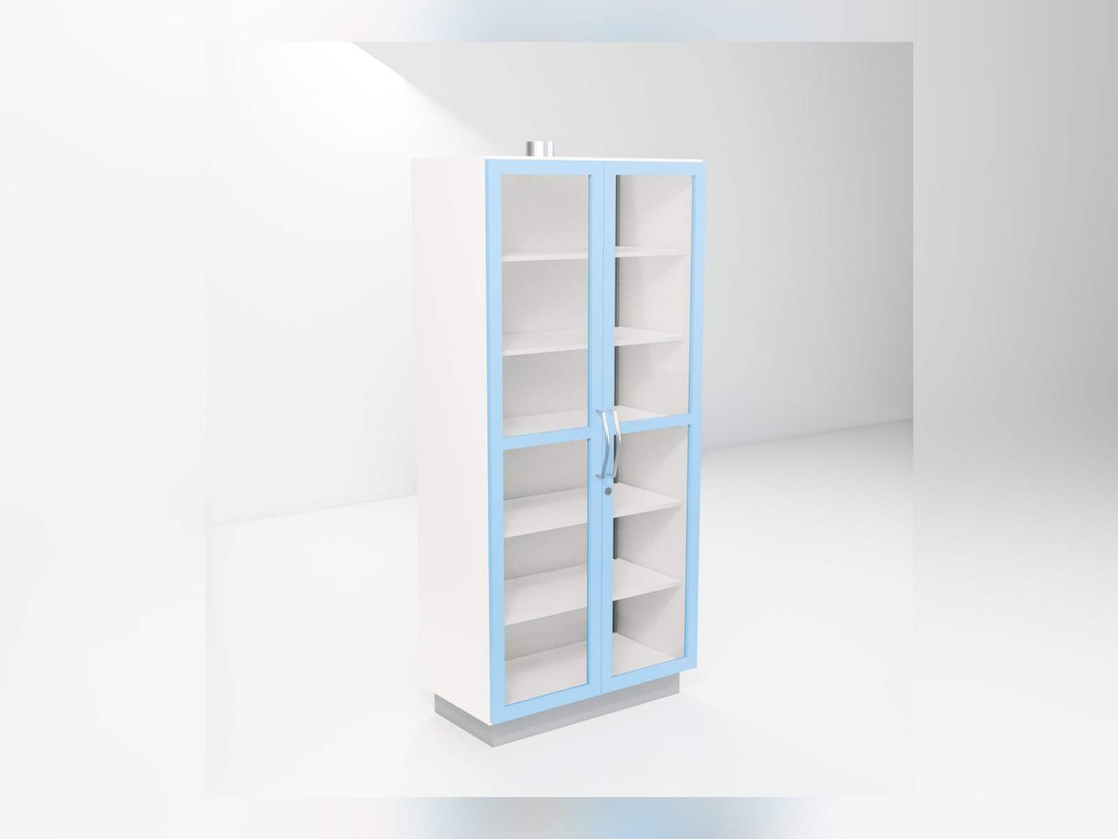 Ventilated chemical storage cupboard with a chemical-resistant liner and lockable doors.