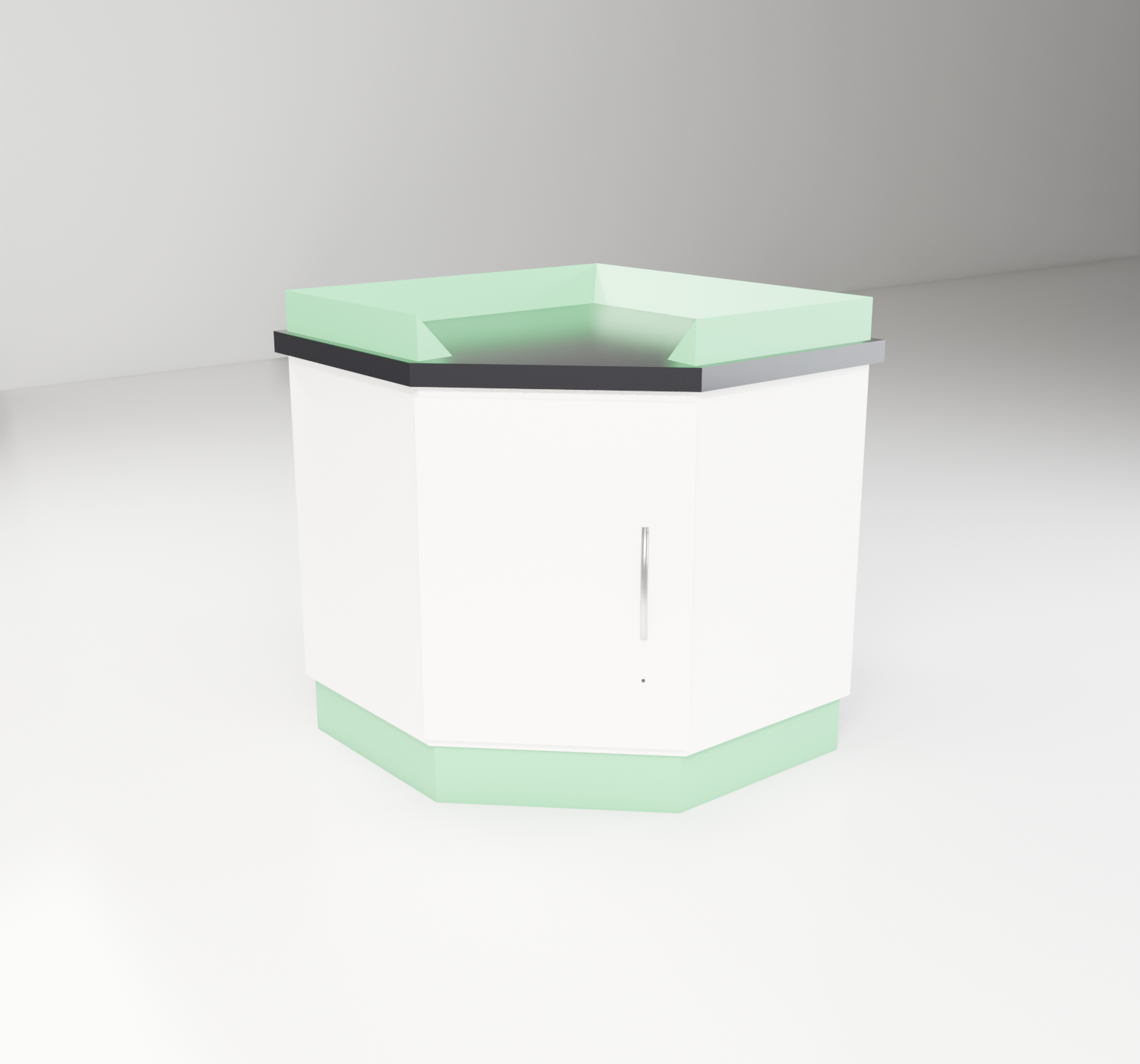 Corner Benches with green trim — studio render