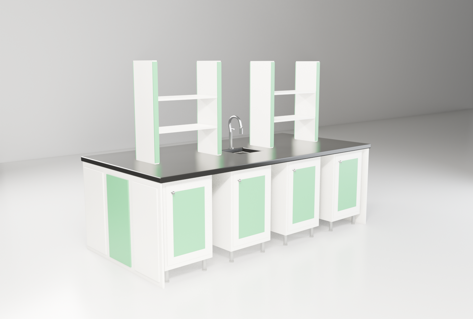 Educational Work Benches with green trim — studio render