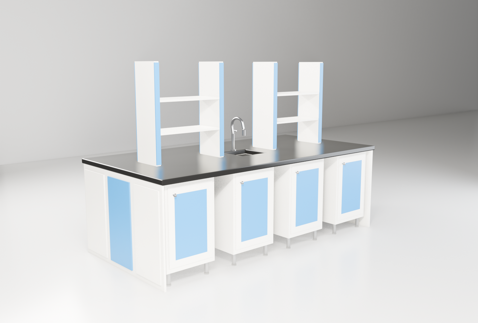 Educational laboratory work bench arranged for group seating in a teaching lab.