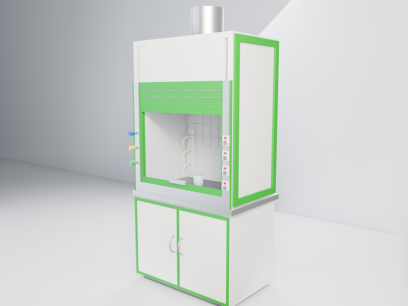 Fume Hoods with green trim — studio render