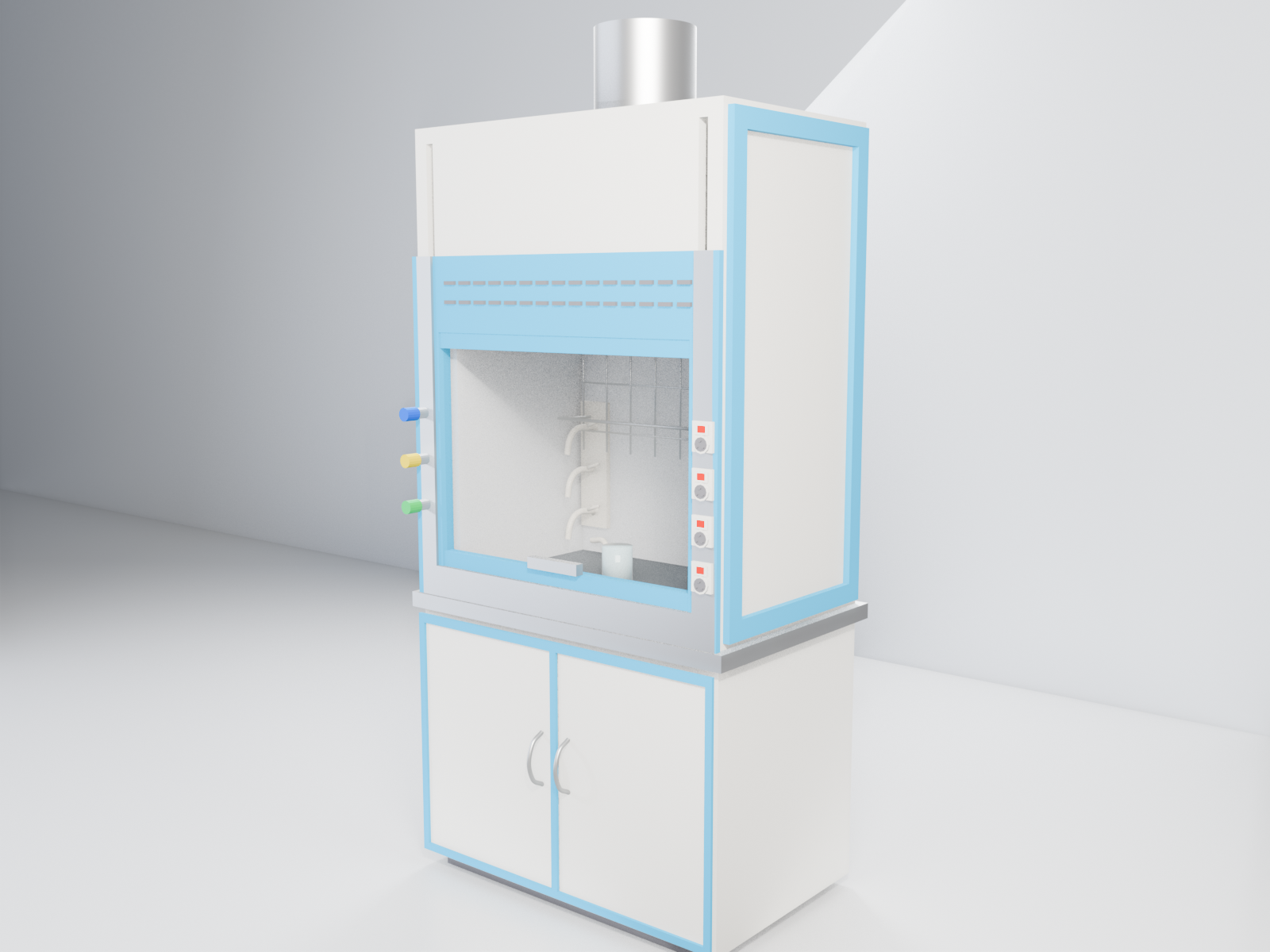 Fume Hoods with sky blue trim — studio render