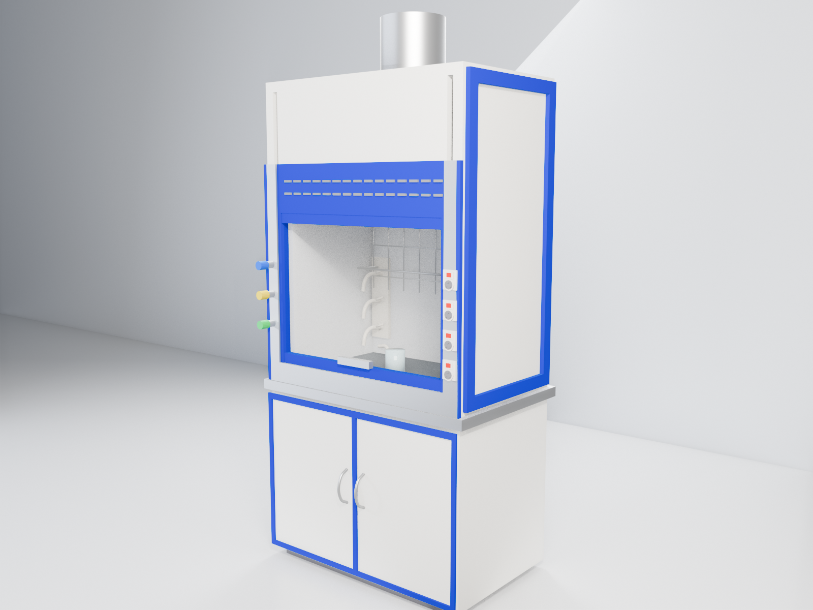 Laboratory fume hood with a vertical safety-glass sash and chemical-resistant interior.