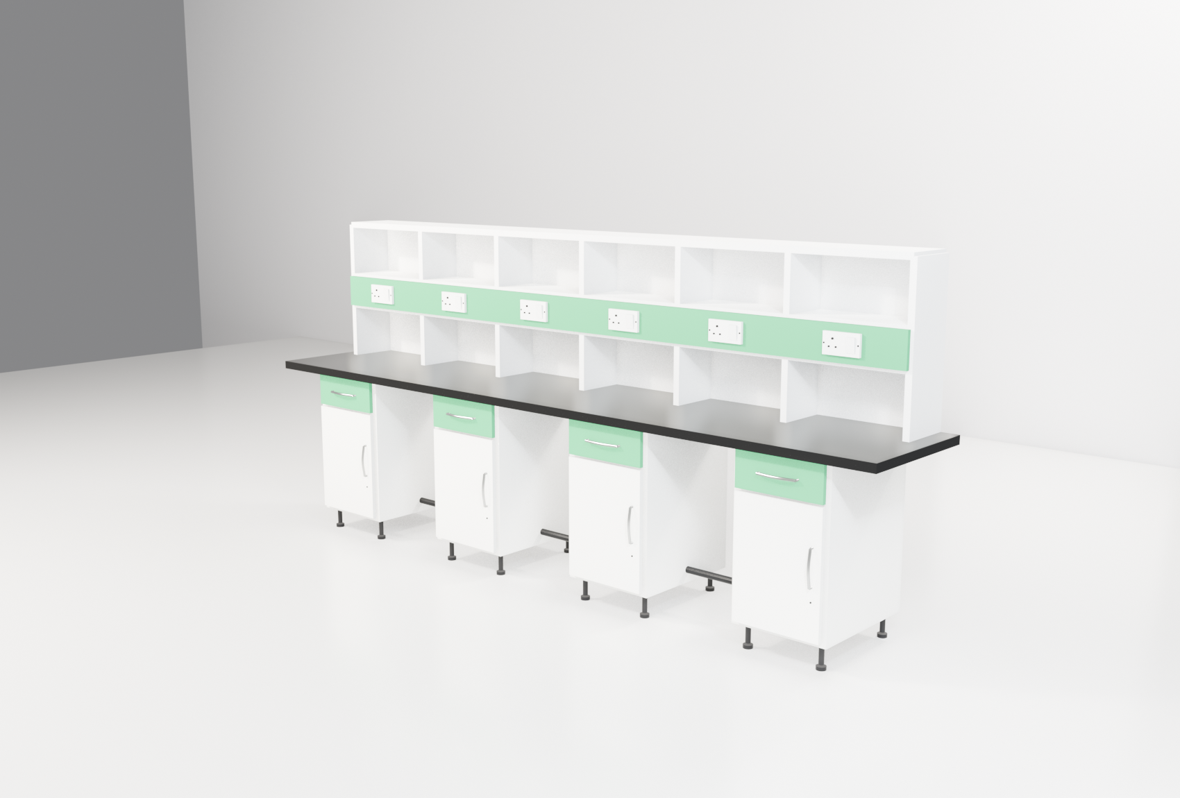 Instrument Benches with green trim — studio render