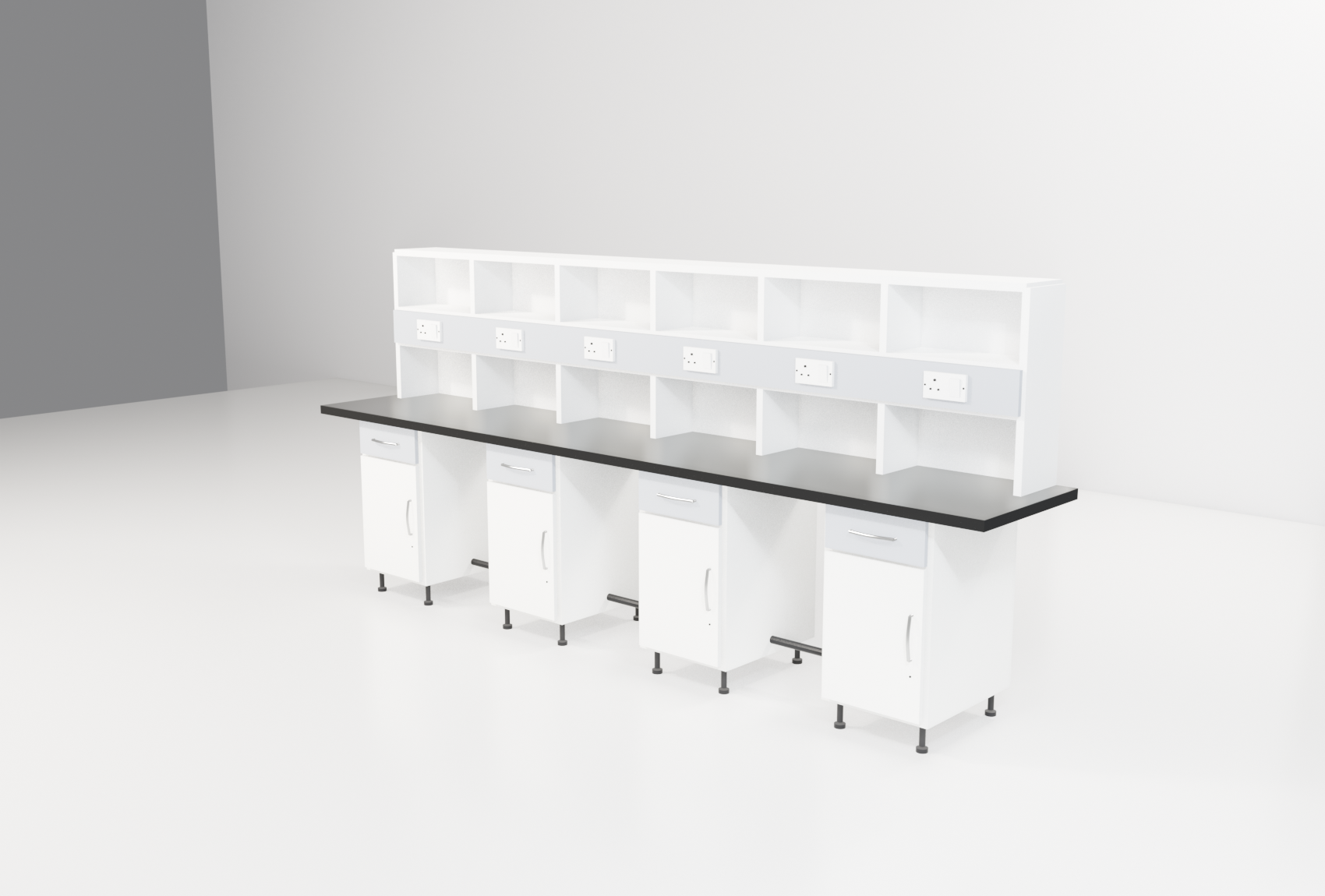 Instrument Benches with grey trim — studio render