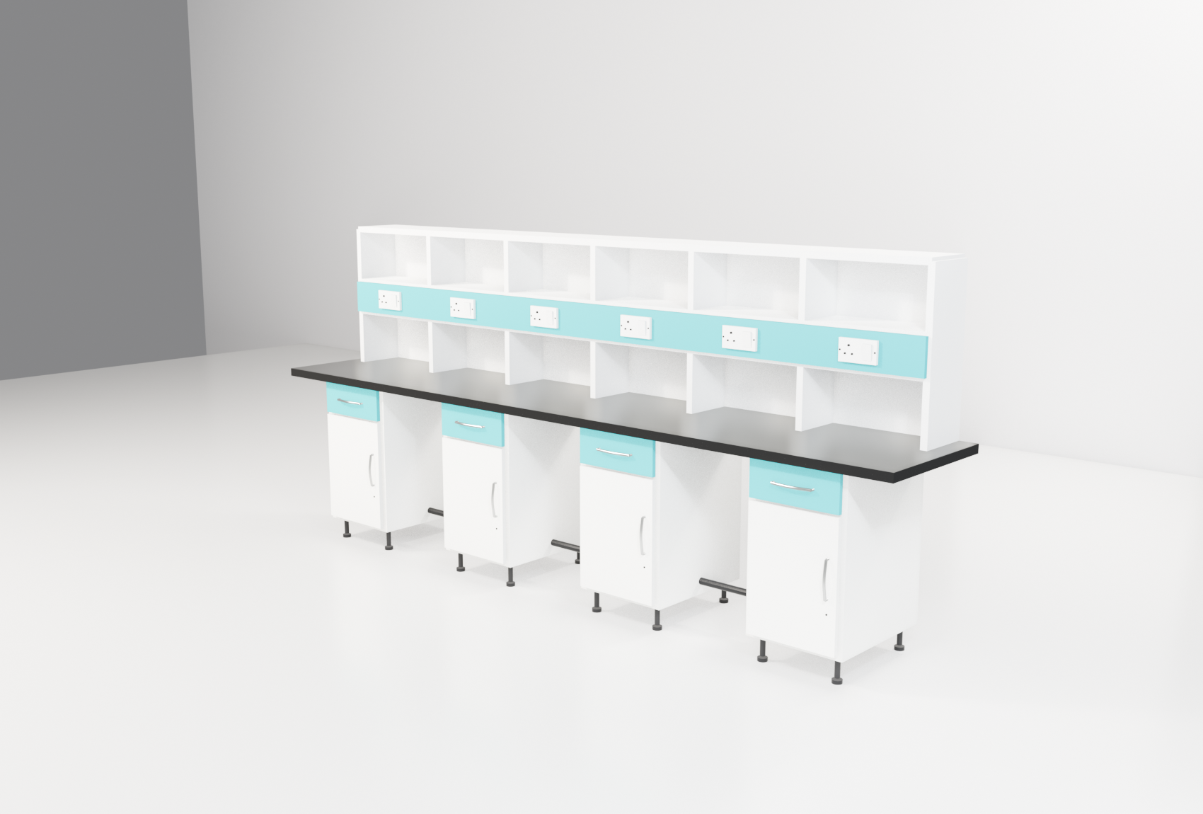 Instrument Benches with teal trim — studio render