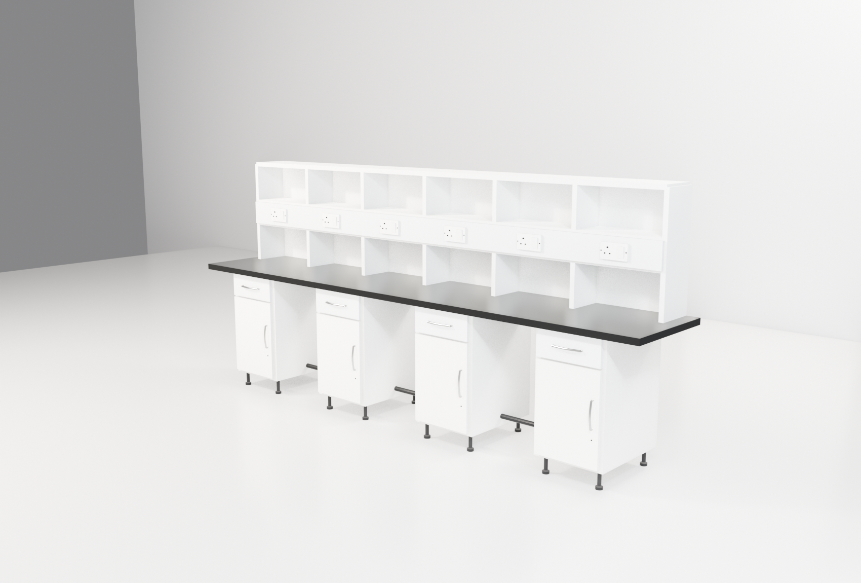 Instrument Benches with white trim — studio render