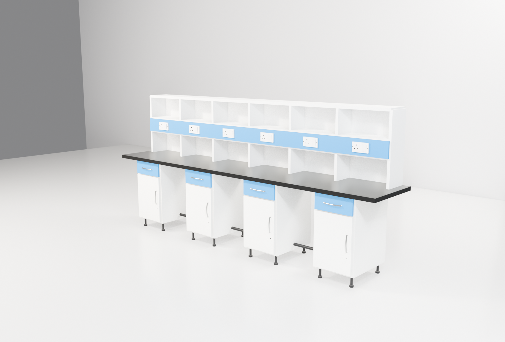 Laboratory instrument bench with a level, load-rated top and cable management.