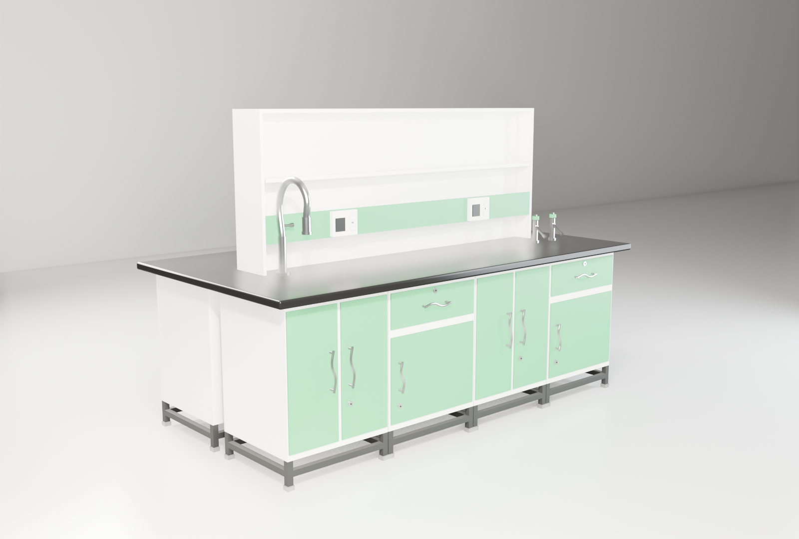 Island Benches with green trim — studio render