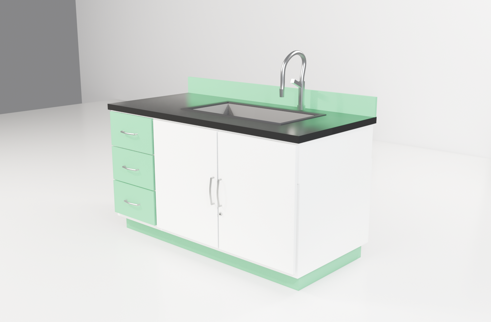 Sink Benches with green trim — studio render