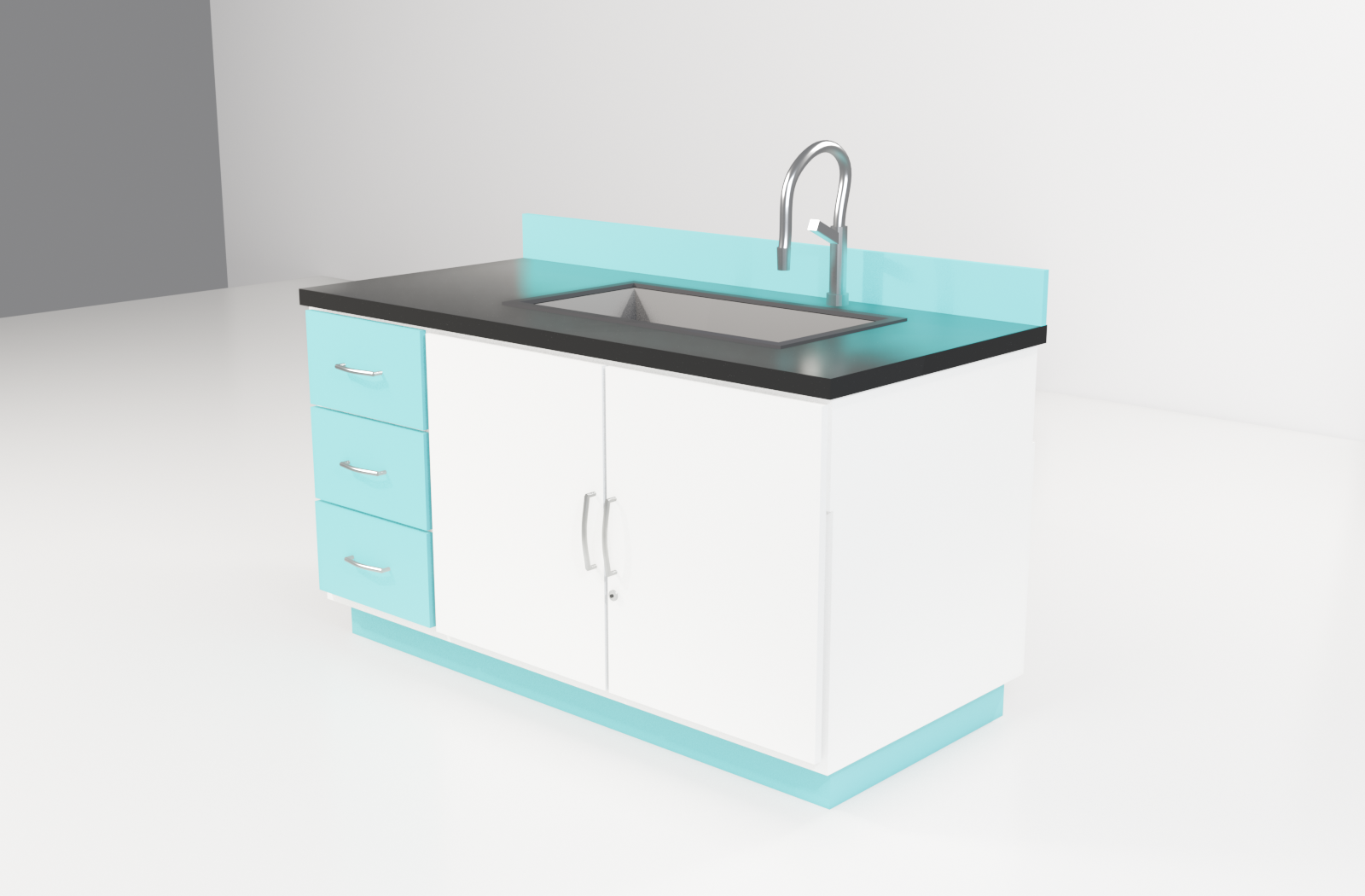 Sink Benches with teal trim — studio render
