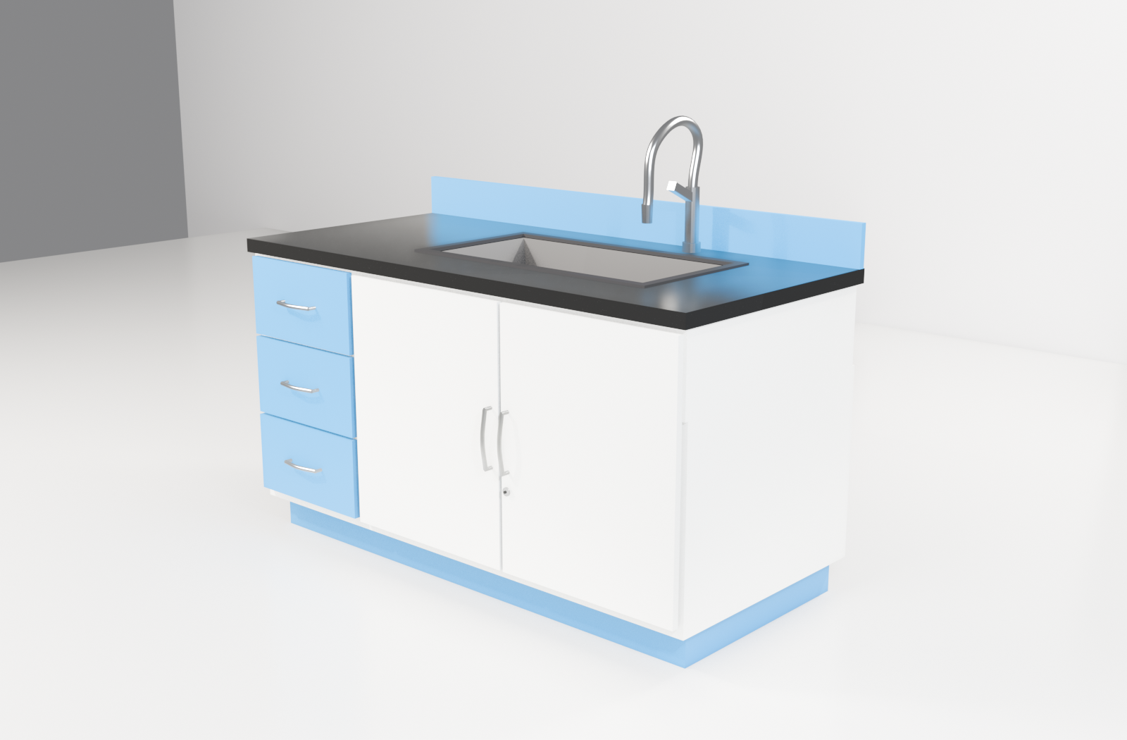 Studio render of a laboratory sink bench with an inset sink, gooseneck lab tap, and under-bench cabinets.