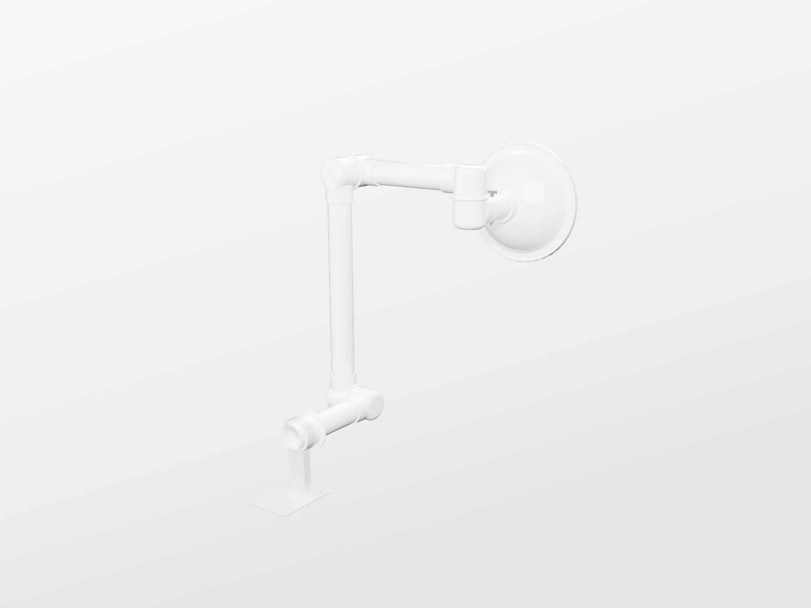 Studio render of an articulated spot extractor arm with a capture hood, elbow joints, and bench-mount base.