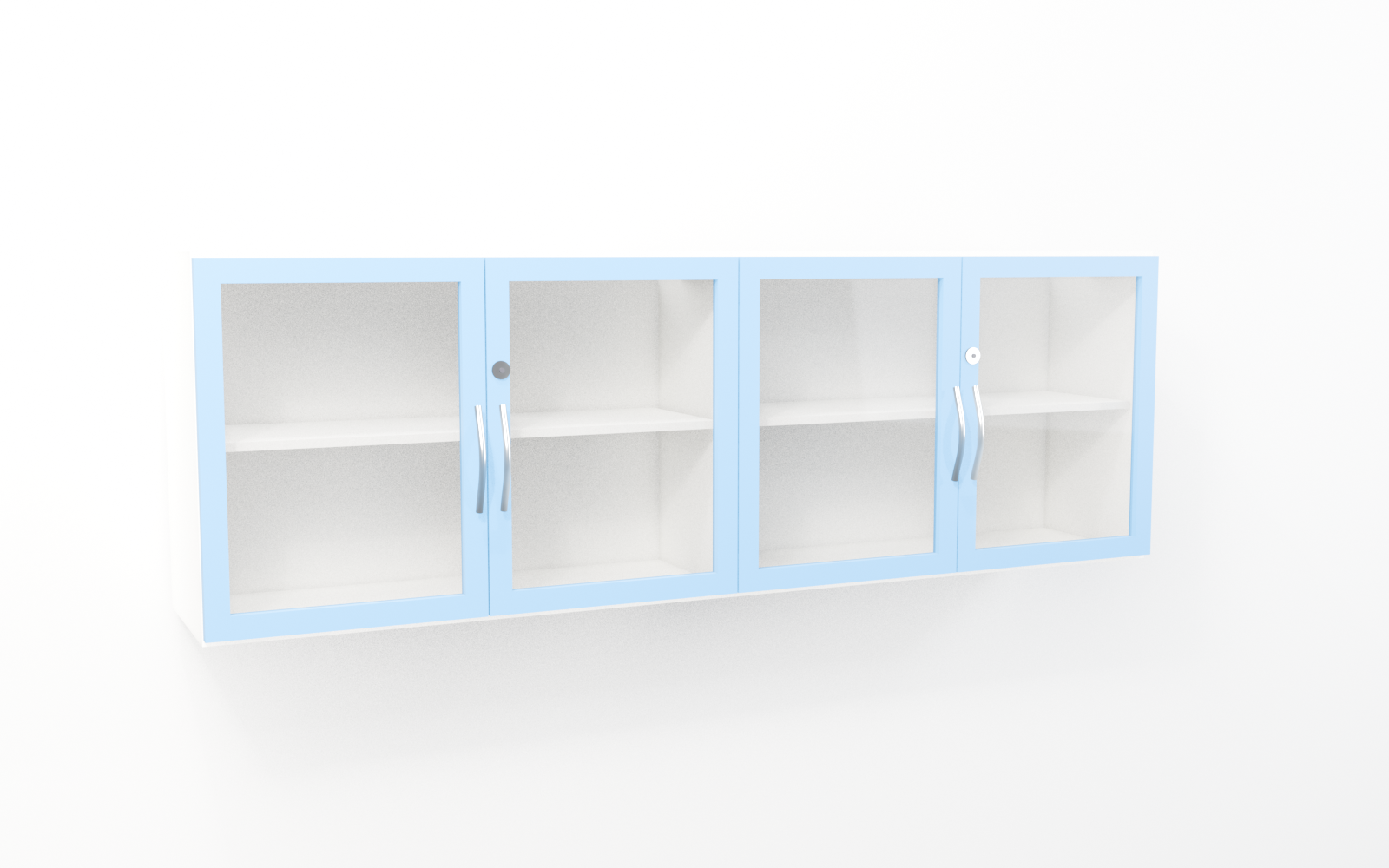 Wall-mounted laboratory storage units with adjustable shelves above a bench.