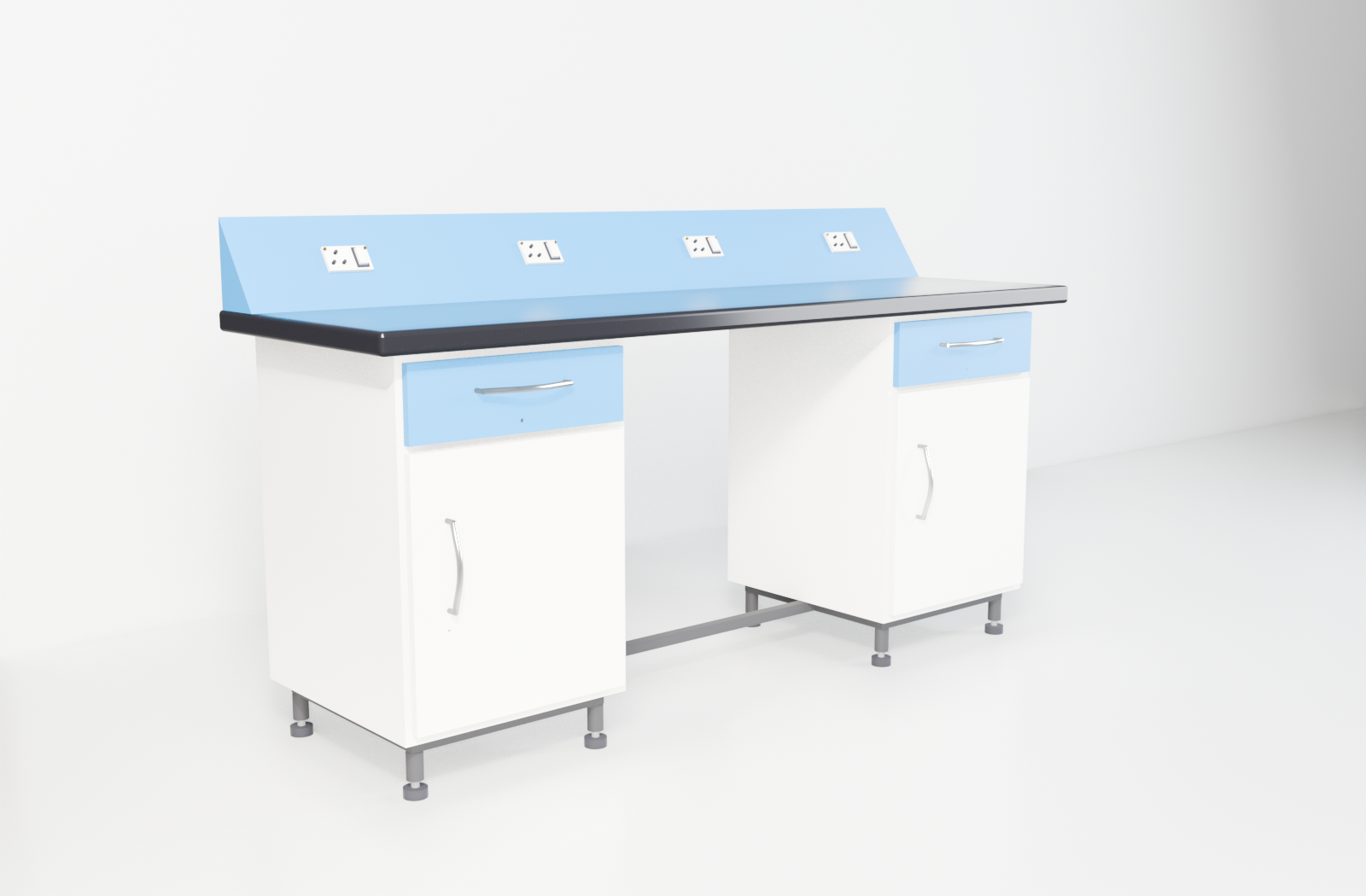 Working Benches with blue trim — studio render