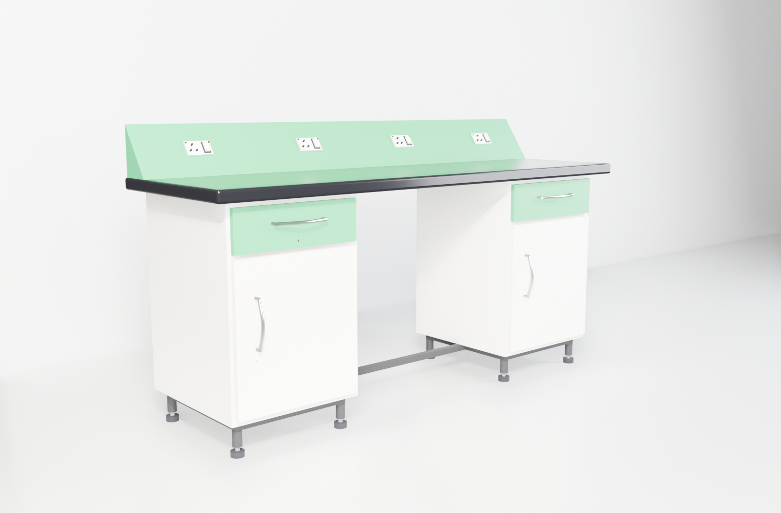 Working Benches with green trim — studio render