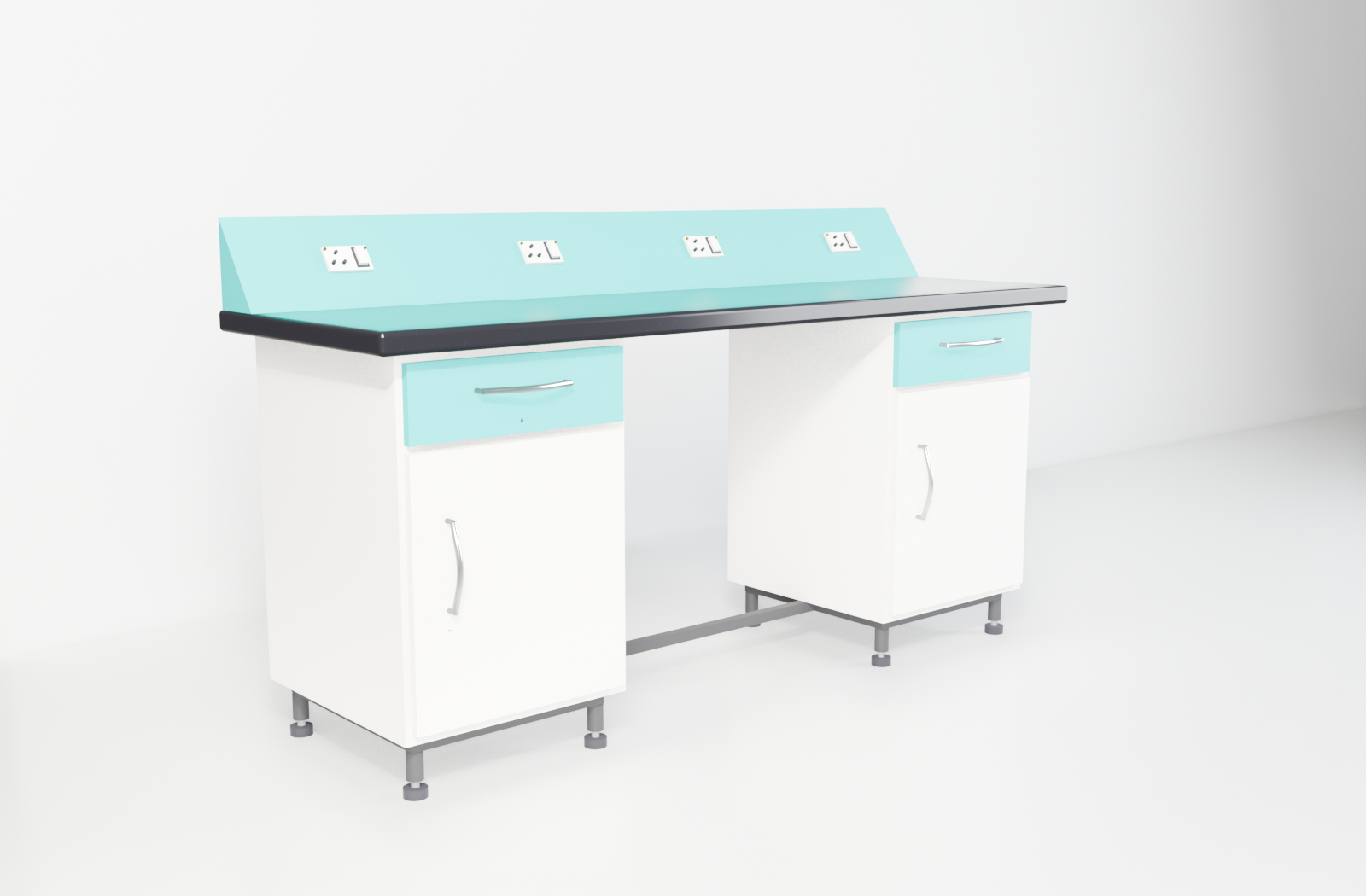 Working Benches with teal trim — studio render