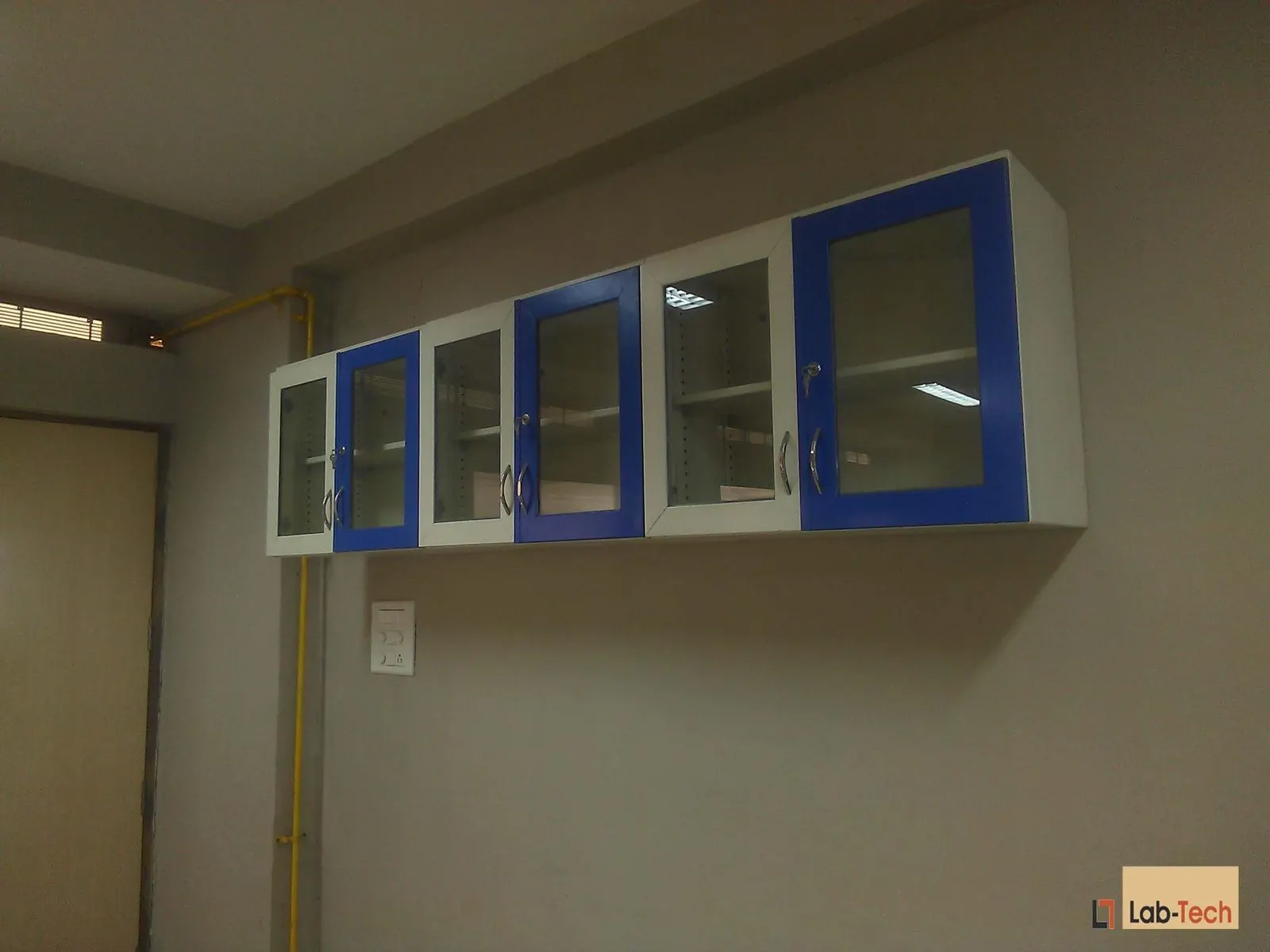 Glass-door wall storage units mounted above a laboratory bench line.