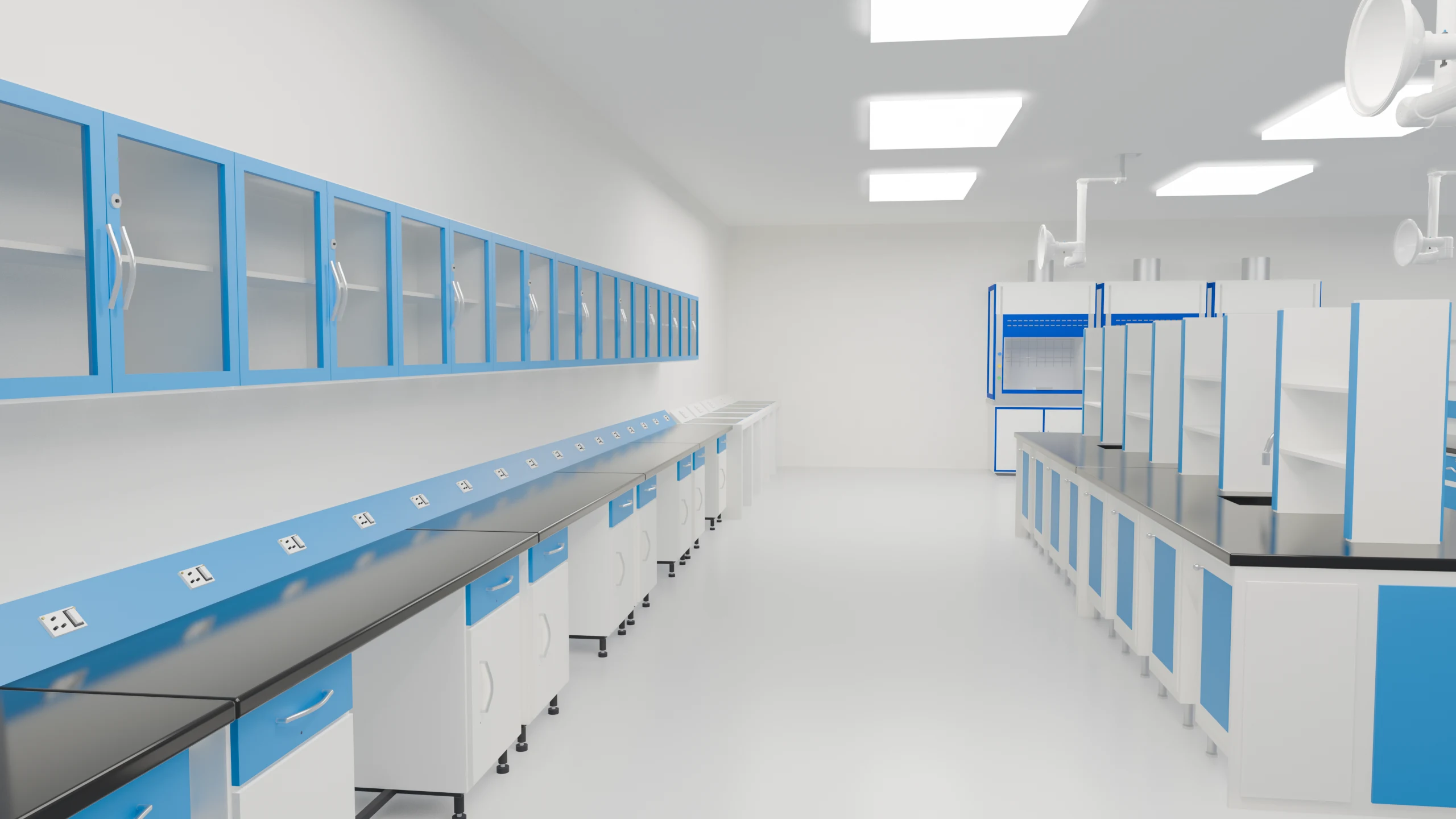 A complete Lab-Tech laboratory: fume hoods, island benches, and storage arranged in a working lab room.